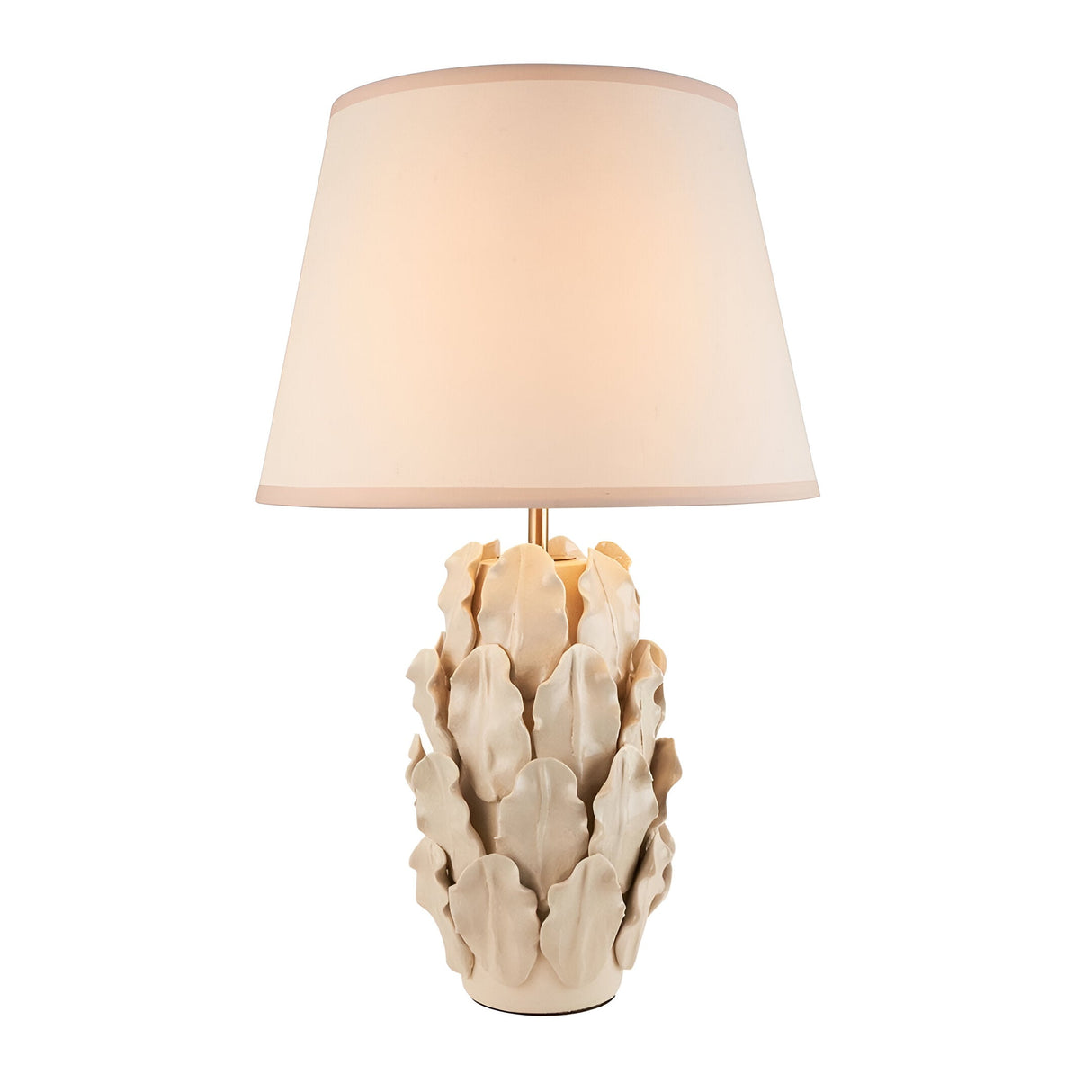 Caldford Ivy 35cm table lamp with an ivory crackle-glazed ceramic base featuring layered leaf details and a cream fabric drum shade.