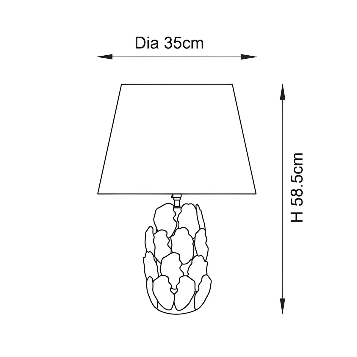 Endon Caldford Ikat table lamp dimension diagram showing 35cm shade diameter and 58.5cm height with sculpted leaf ceramic base and tapered shade.