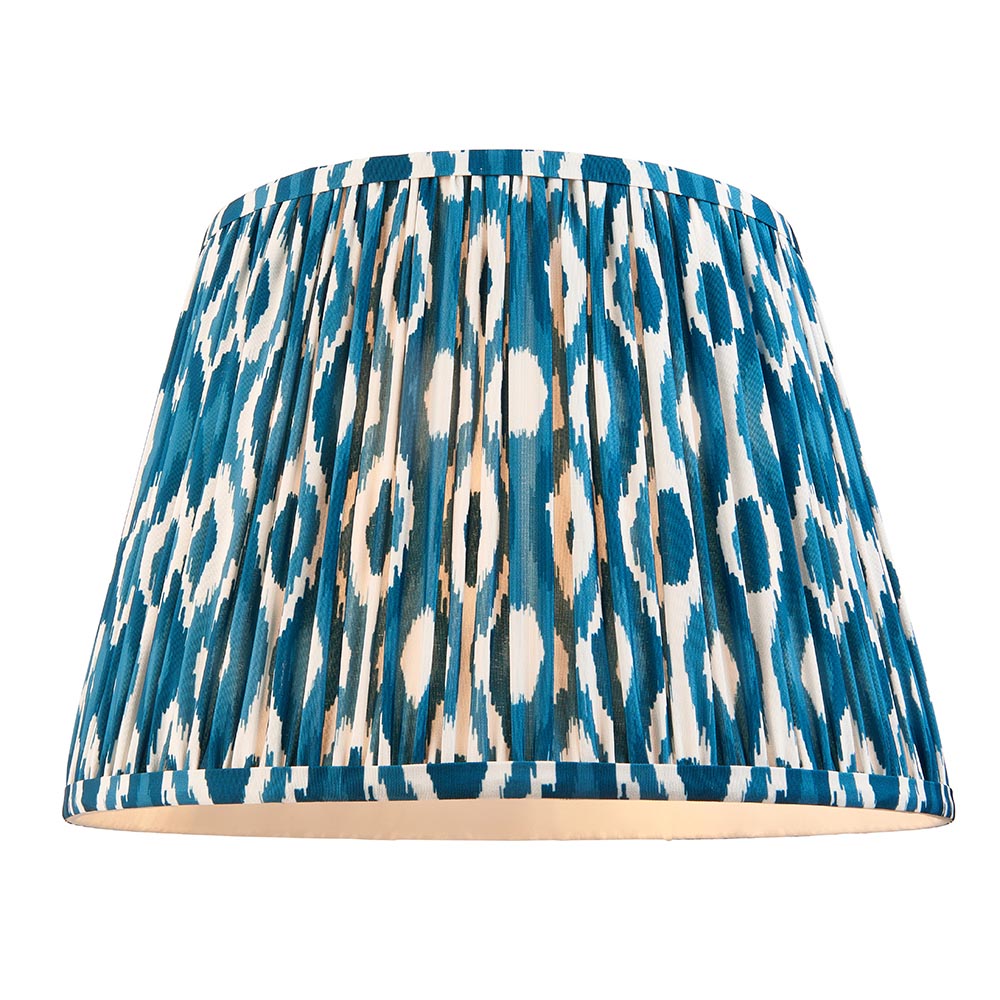 Endon Caldford 35cm tapered pleated Ikat table lamp shade in marlin blue and cream, shown on a plain white background.