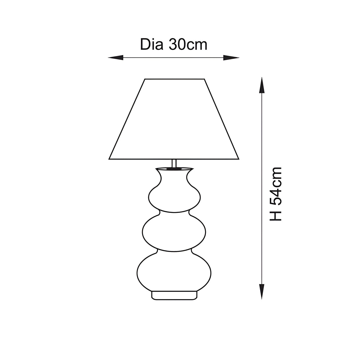 Line drawing of the Carlstead Ivy Table Lamp in green, showing a tiered gourd-shaped ceramic base with an empire shade, labelled Dia 30cm and H 54cm.