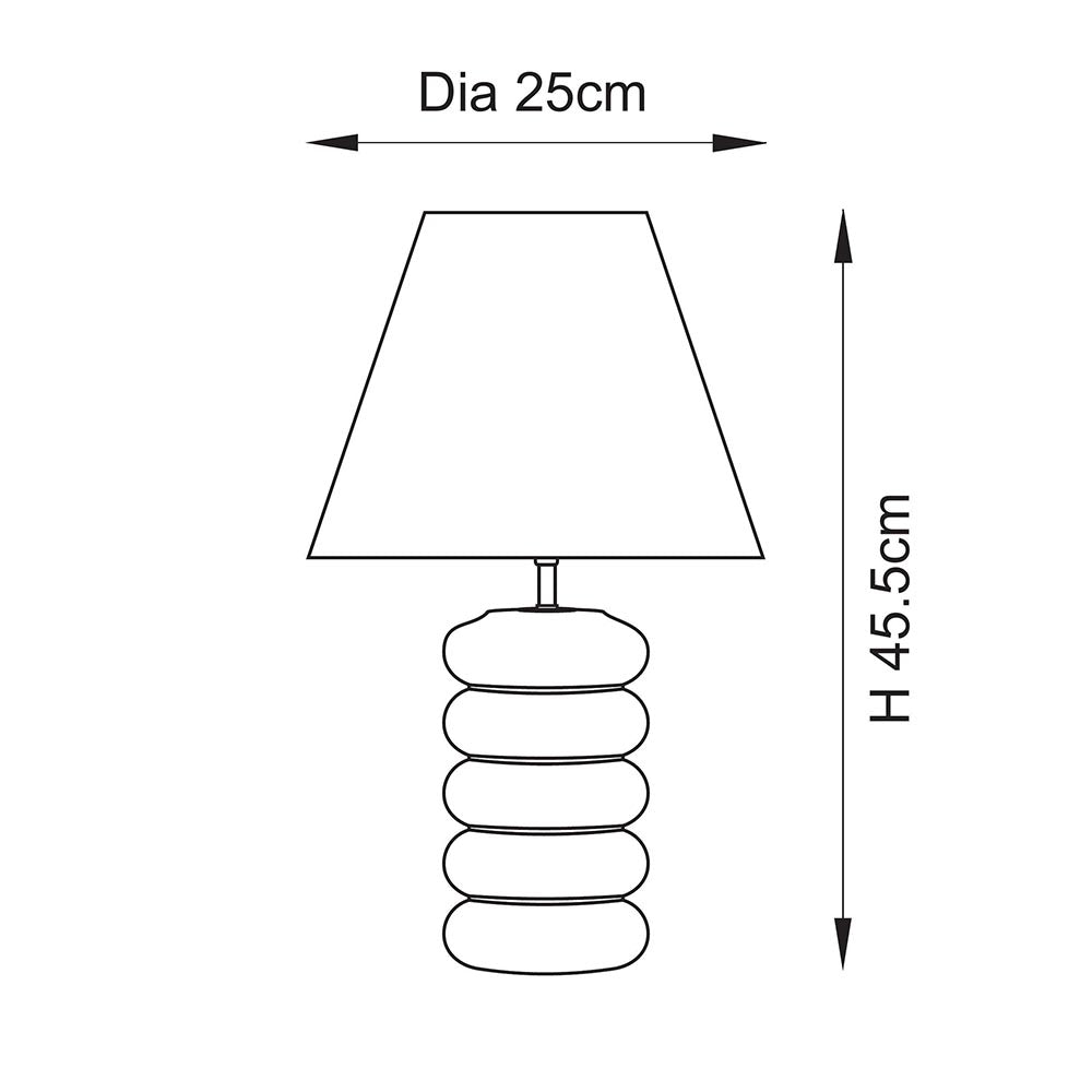 Line drawing of the Cliffstead table lamp showing a ribbed ceramic base and tapered fabric shade, with dimensions Dia 25cm and H 45.5cm labelled.