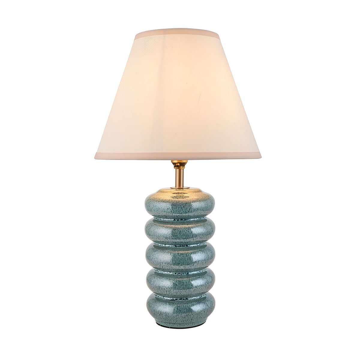 Endon Cliffstead table lamp with a stacked ceramic base in ocean spray blue-green glaze, aged brass stem, and tapered ivory shade on a white background.