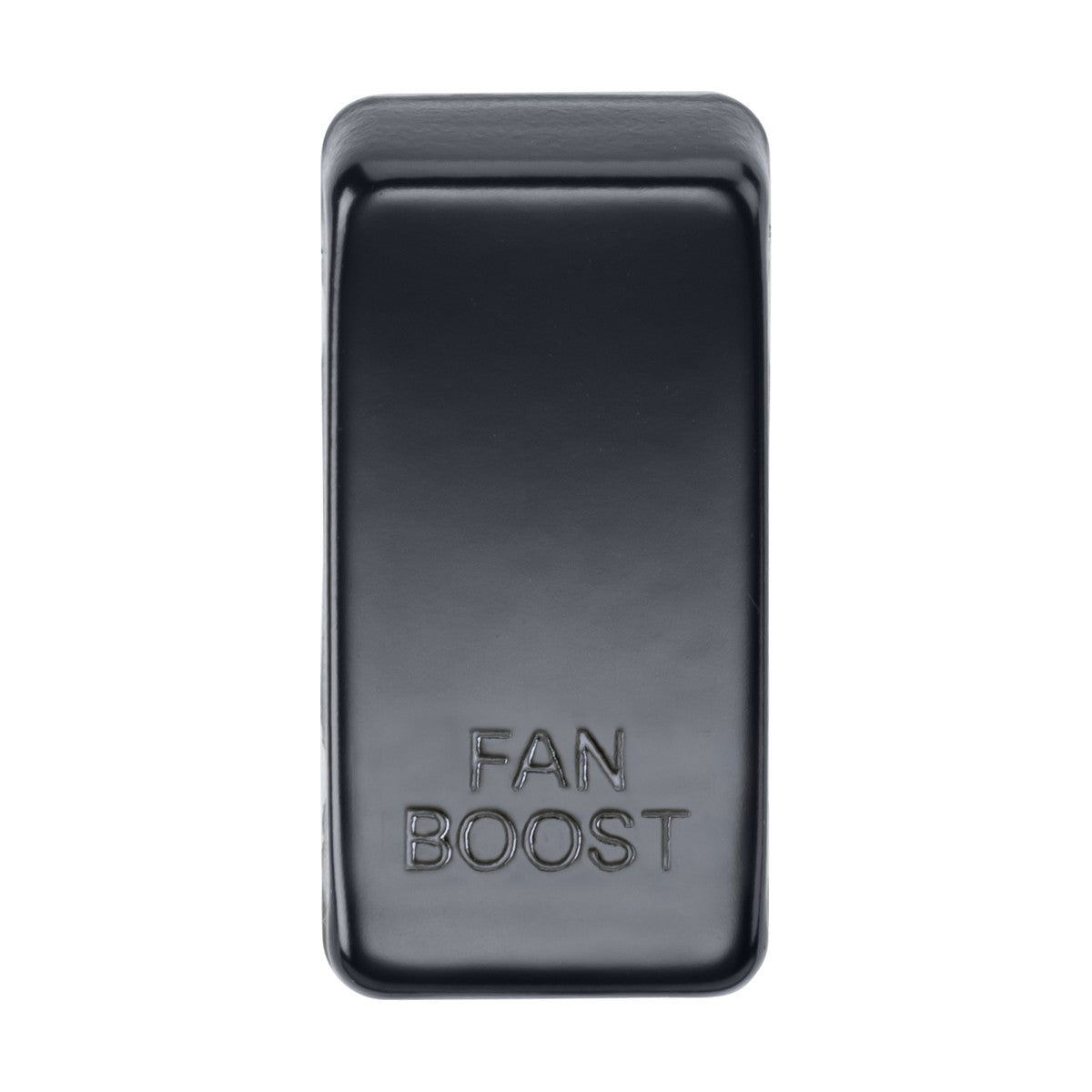 The Switch Cover marked "FAN BOOST" in matt black is a rectangular accessory featuring sleek finishing. This product boasts a simple, utilitarian design with smooth edges and a slightly textured top surface, underscoring its durable ABS construction.