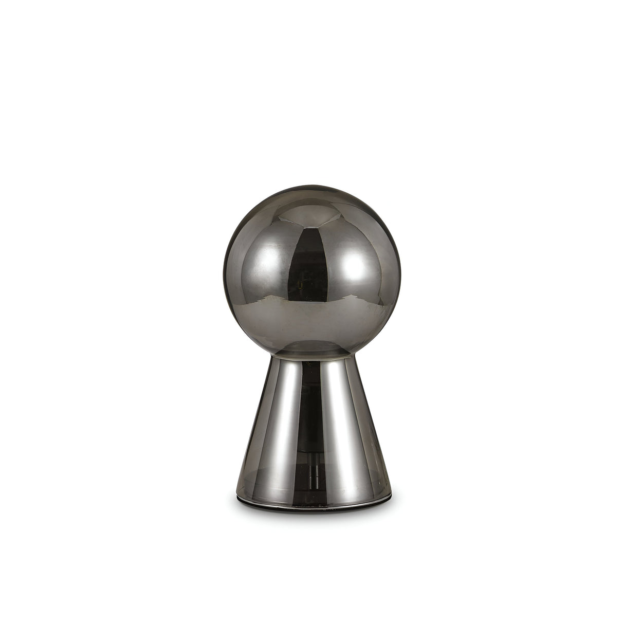 The Mars Small Table Lamp in grey, featuring a shiny, futuristic design with a spherical top and chromed metal base, is displayed against a plain white background.