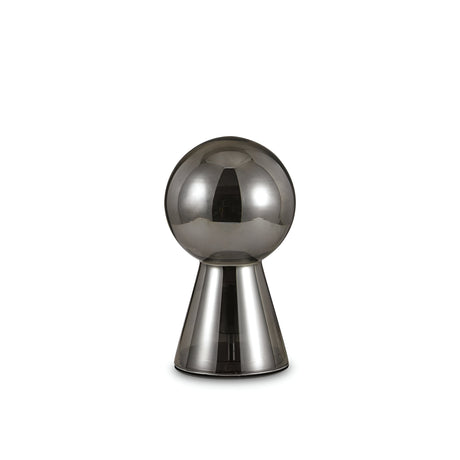 The Mars Small Table Lamp in grey, featuring a shiny, futuristic design with a spherical top and chromed metal base, is displayed against a plain white background.