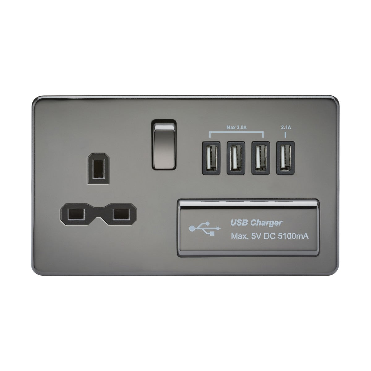 13A Switched Socket with Quad USB-A (5V DC 5.1A shared) - Black Nickel with Black Insert