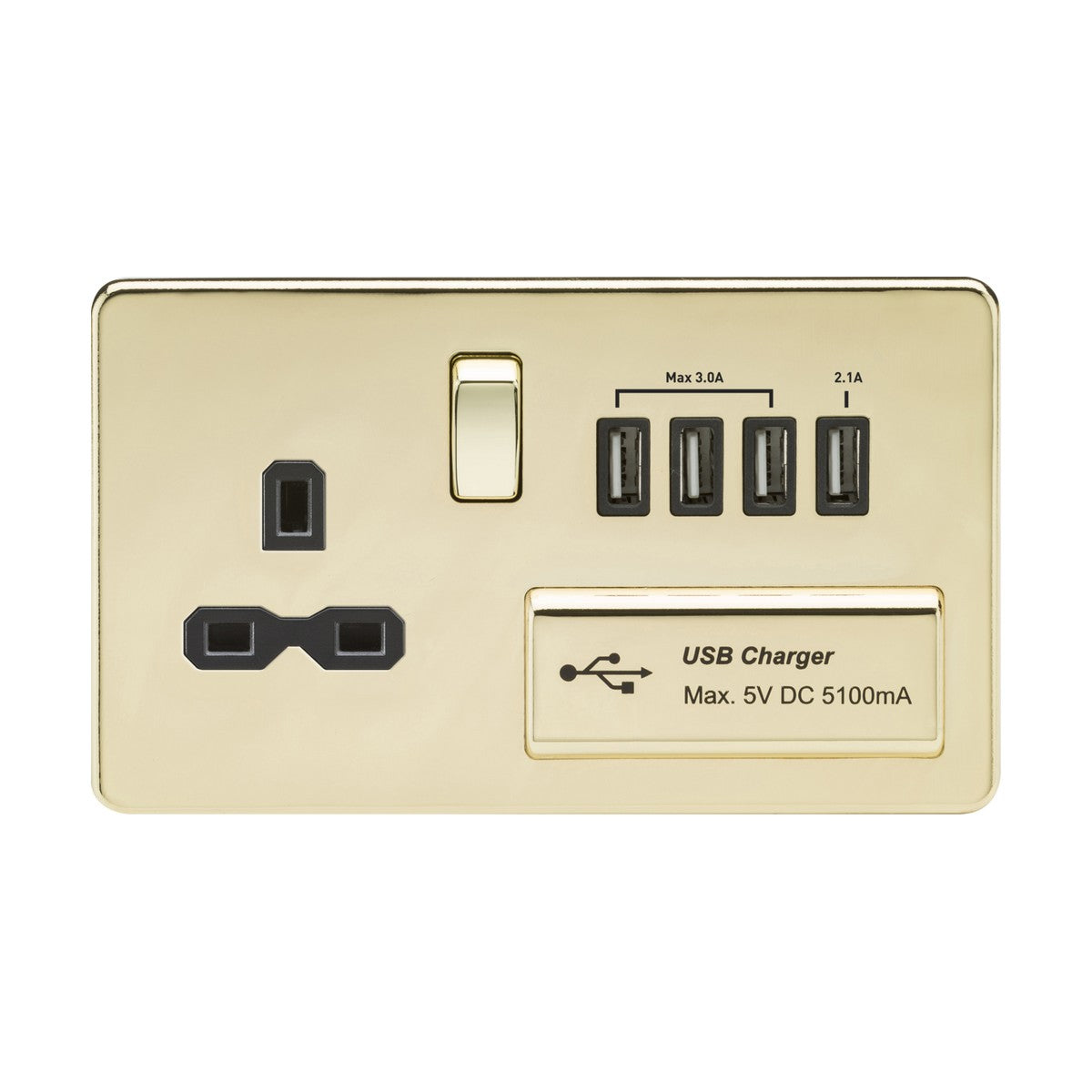 13A Switched Socket with Quad USB-A (5V DC 5.1A shared) - Polished Brass with Black Insert