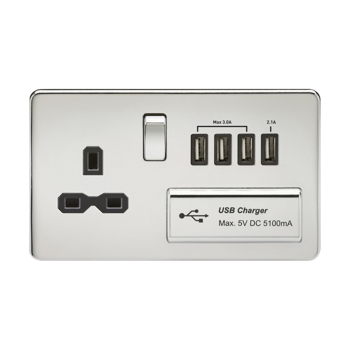 13A Switched Socket with Quad USB-A (5V DC 5.1A shared) - Polished Chrome with Black Insert