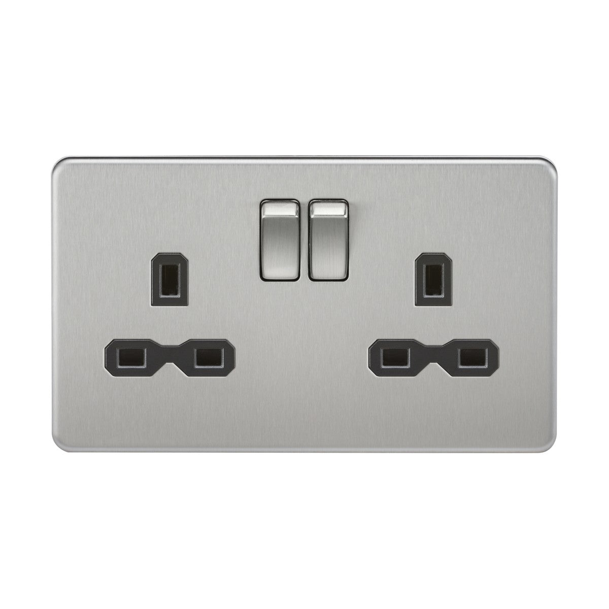 A 13A double gang switched socket with dual earths, designed for UK plug types and featuring a screwless design. It boasts a sleek and modern appearance with a brushed chrome matte finish and black insert, making it perfect for contemporary interiors.