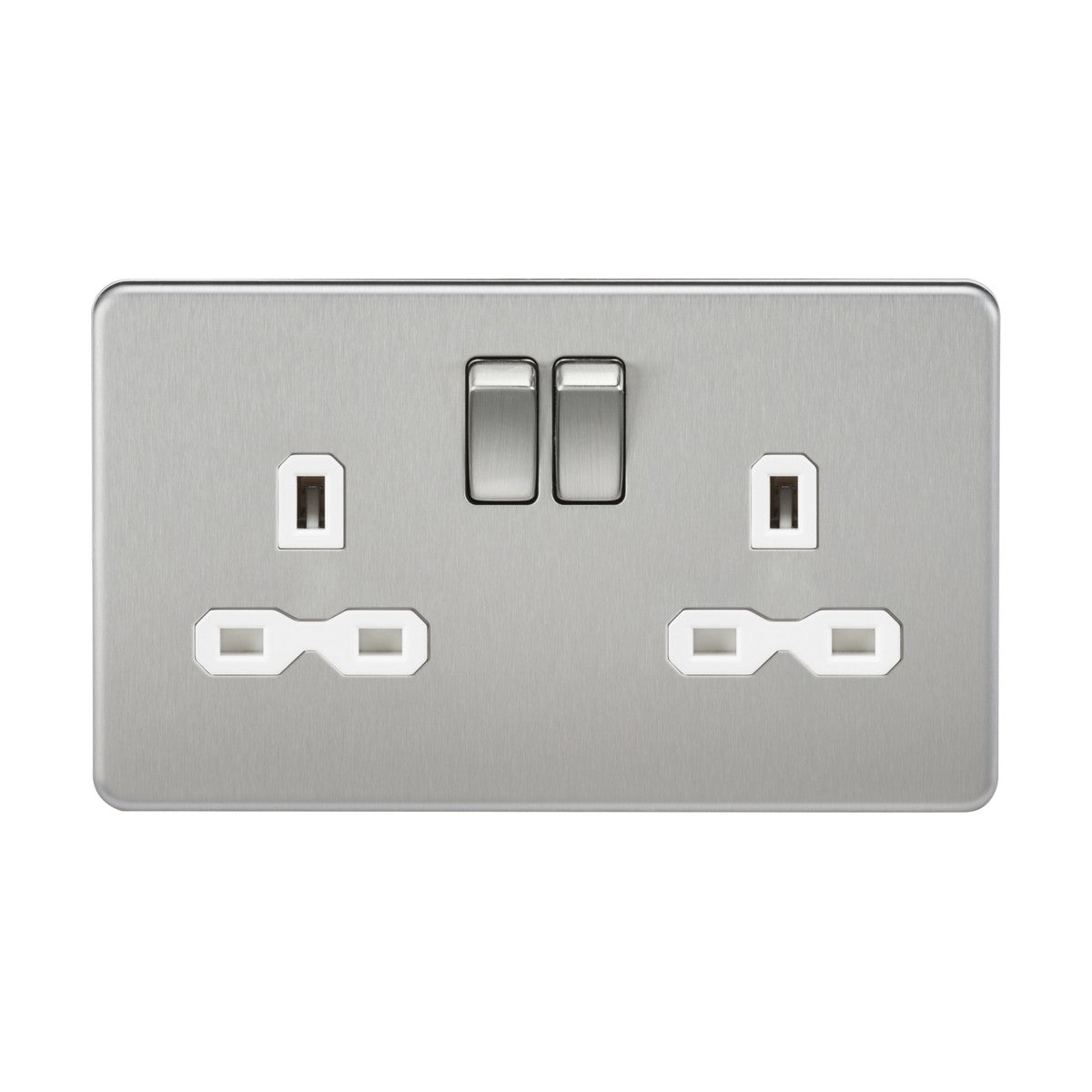 The 13A 2 Gang DP Switched Socket with Twin Earths features a sleek, screwless design and includes two UK-style sockets with double pole switches. The brushed chrome finish, complemented by the white insert, adds a modern touch for ultimate convenience.