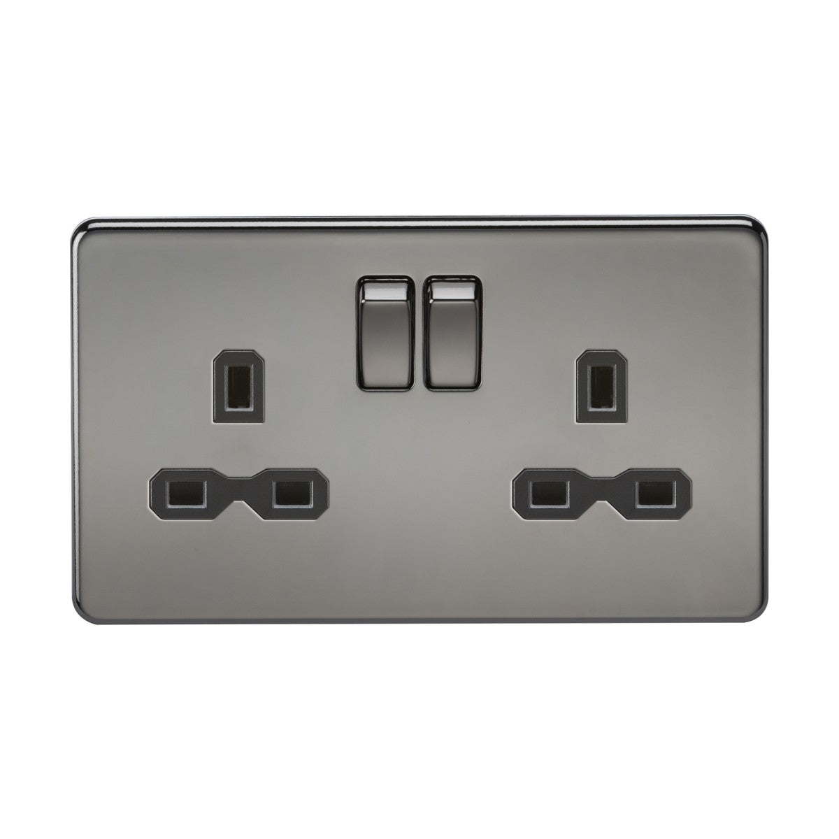 The 13A 2 Gang DP Switched Socket in black nickel has a screwless design, two rectangular switches for UK plugs, twin earths, and slightly rounded edges for a sleek, modern finish.