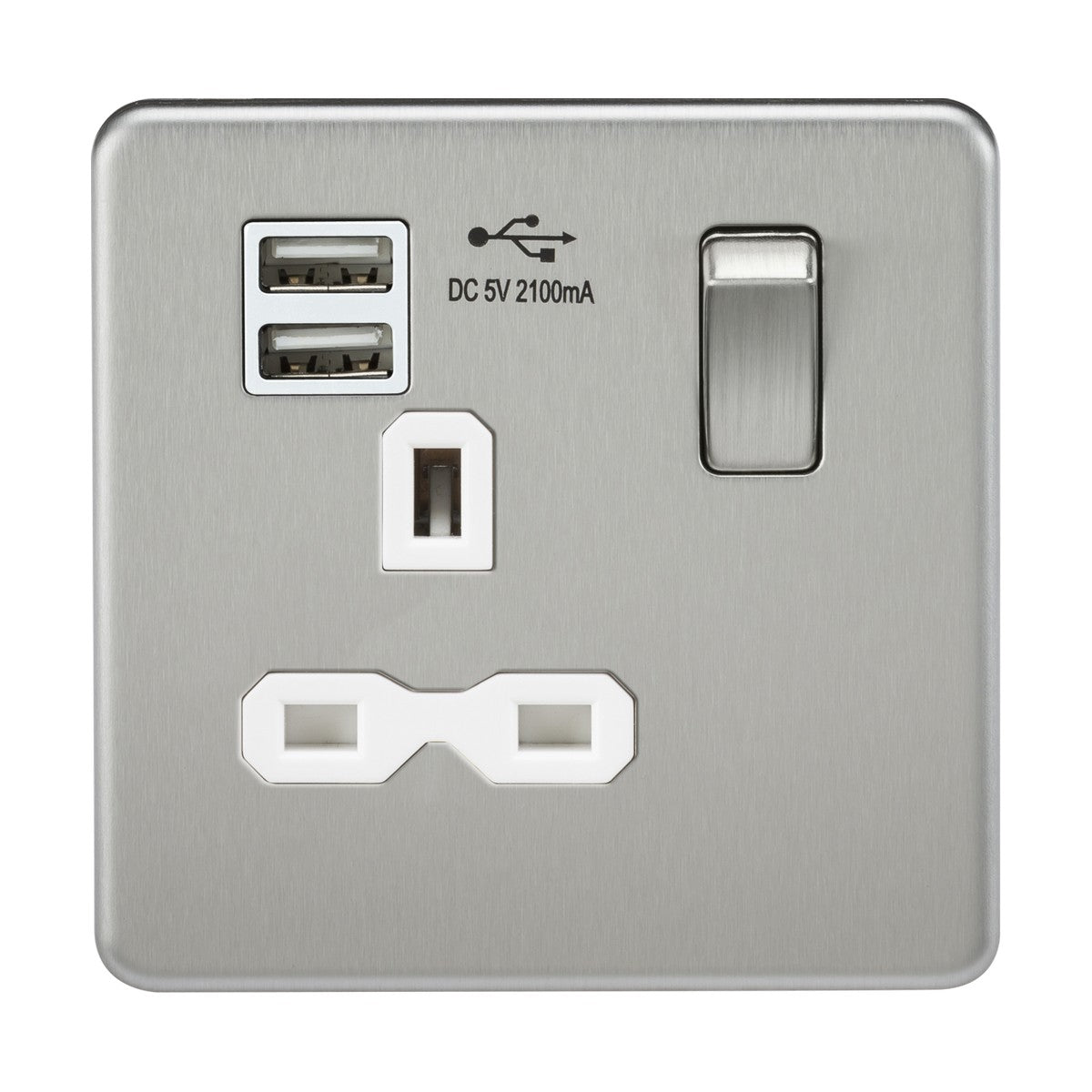 13A 1G SP Switched Socket with Dual USB A+A (5V DC 2.1A shared) - Brushed Chrome with White Insert