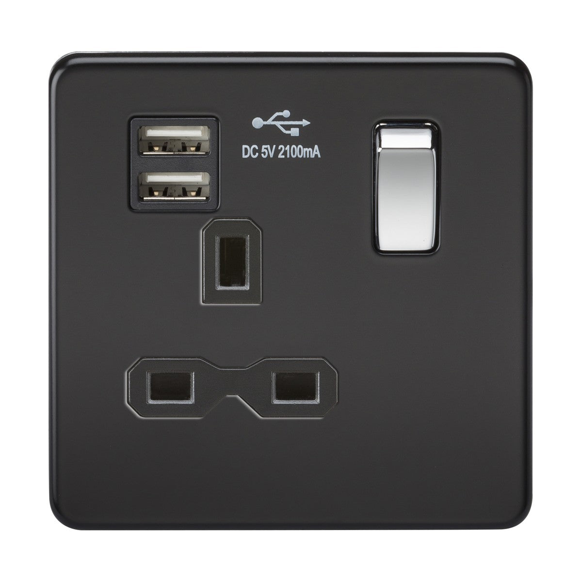 13A 1G SP Switched Socket with Dual USB A+A (5V DC 2.1A shared) - Matt Black with Chrome Rocker