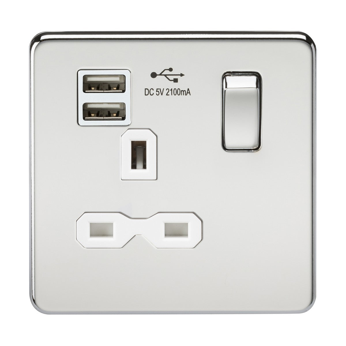 13A 1G SP Switched Socket with Dual USB A+A (5V DC 2.1A shared) - Polished Chrome with White Insert