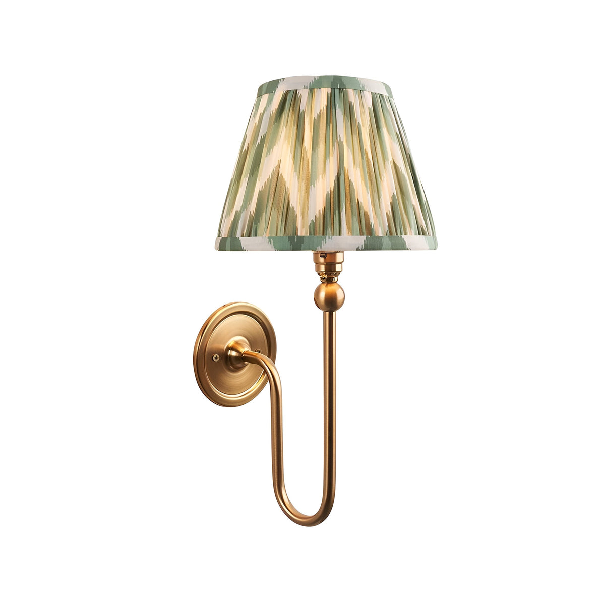 Endon Cliffleigh Zigzag wall light in brushed aged brass with a slim curved arm and tapered green pleated faux silk shade, on a white background.