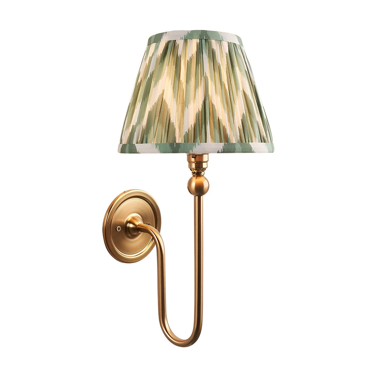 Endon Cliffleigh Zigzag wall light in brushed aged brass with a slim curved arm and tapered green pleated faux silk shade, on a white background.