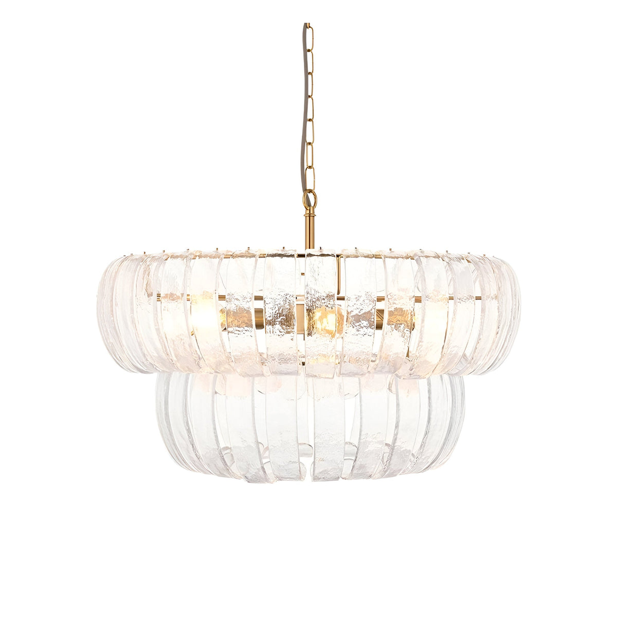 Carlwell 6 Light Pendant in brass, two-tier round fitting with curved clear glass panels, brass chain suspension, on a plain white background.