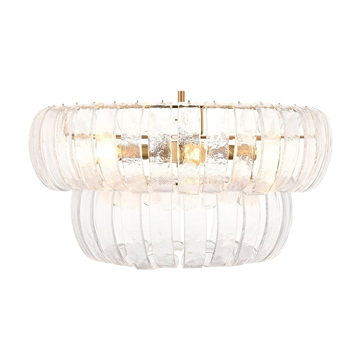 Carlwell 6 Light Pendant in brass, two-tier round fitting with curved clear glass panels, brass chain suspension, on a plain white background.