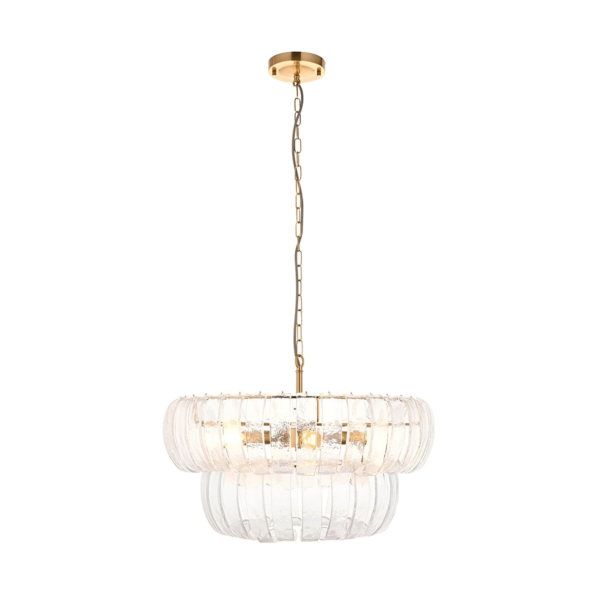 Carlwell 6 Light Pendant in brass, two-tier curved glass shade design on a brass chain suspension, shown on a plain white background.