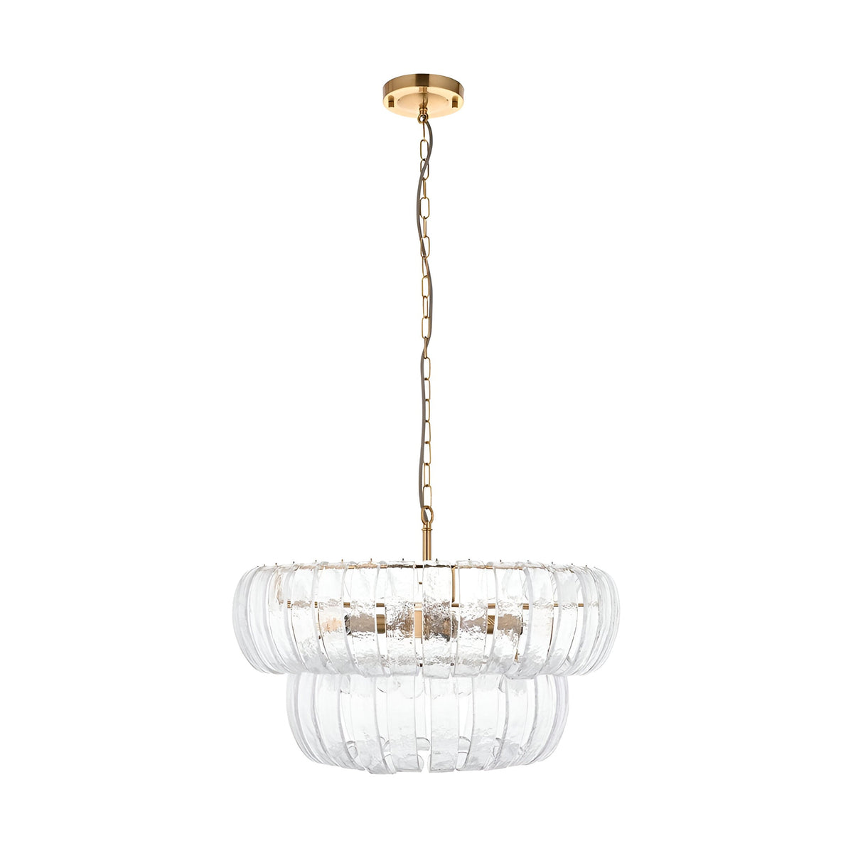 Carlwell 6 Light Pendant in brass, two-tier ribbed clear glass drum shades on a chain suspension, shown against a plain white background.