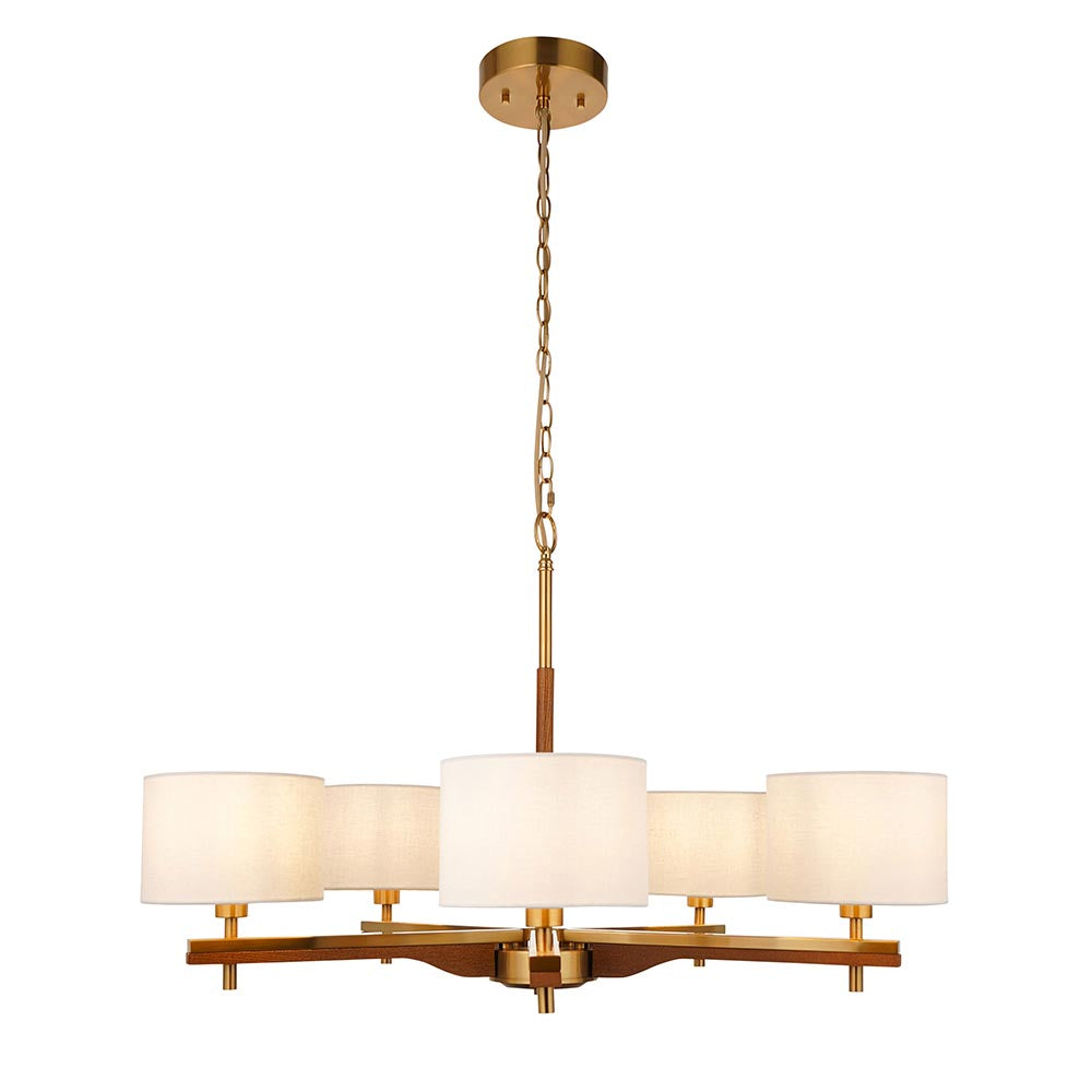 Bramwell 5 Light Pendant with brushed brass frame, wood-toned arms, and natural linen cylinder shades on an adjustable chain, shown on a white background.