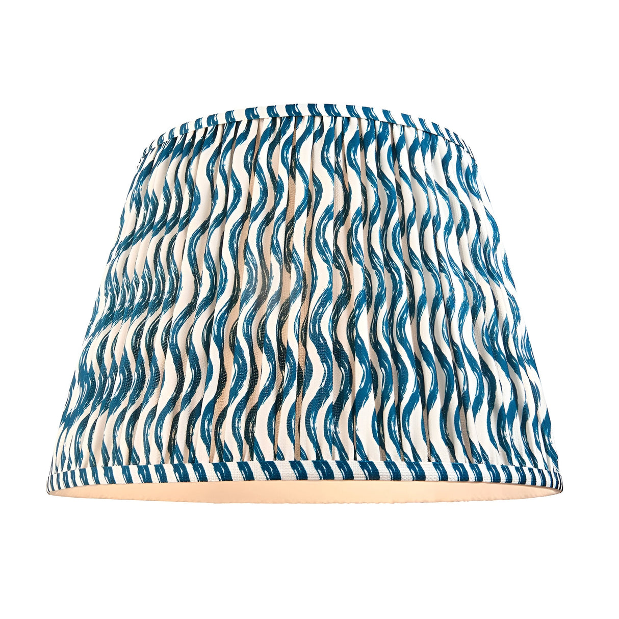 Brackmont Ripple Pendant in blue, a gathered pleated tapered fabric shade with wavy blue and white pattern, shown on a plain white background.