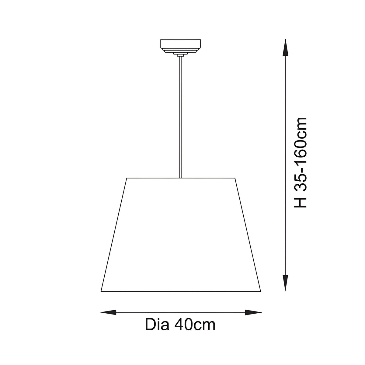Line drawing of the Brackmont Ripple Pendant showing a tapered shade, 40cm diameter and adjustable height from 35-160cm, on a plain background.