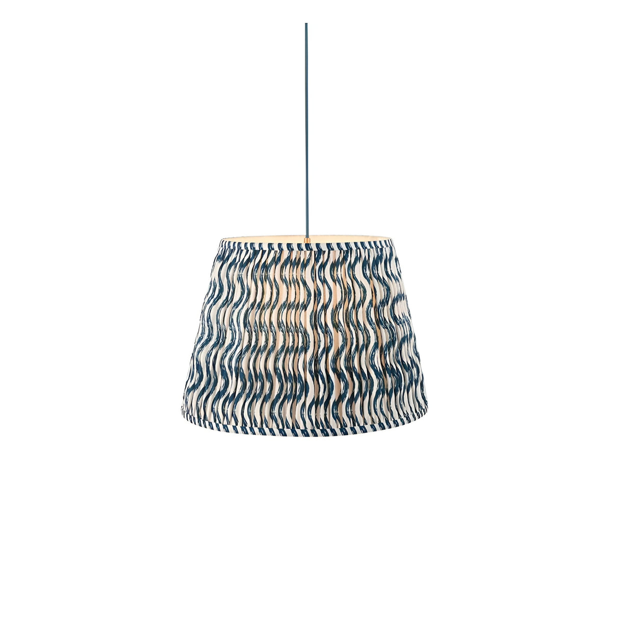 Brackmont Ripple Pendant in blue, single-light fixture with a gathered, tapered fabric shade in a wavy print and blue cable, shown on a plain white background.