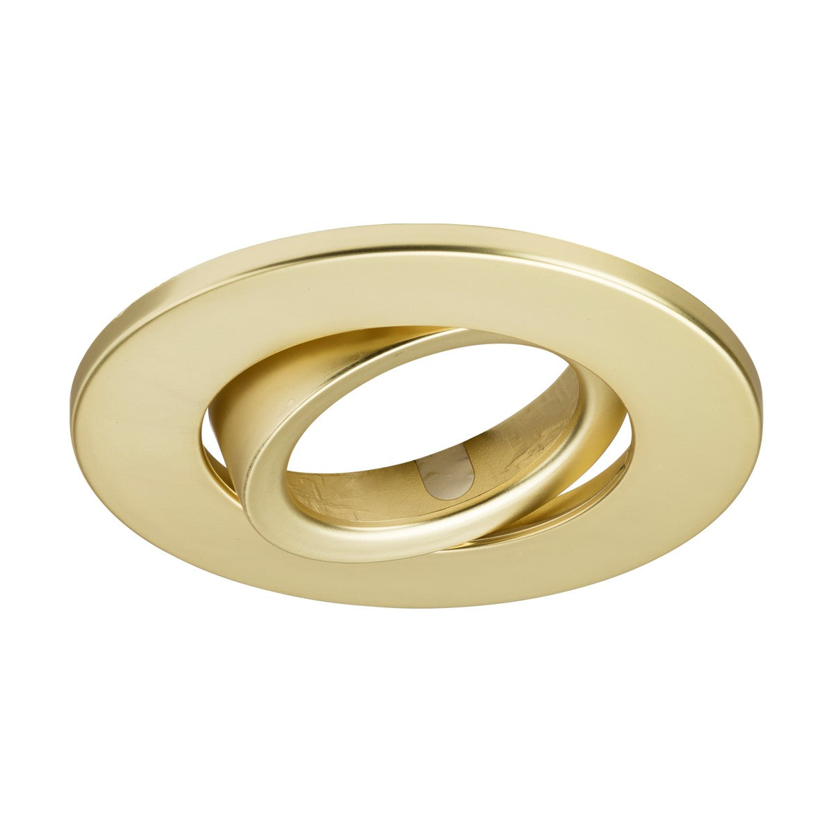 The Tilt Bezel For SpektroLED in brass is a gold-colored, oval ring-shaped accessory crafted from polished brass with a hollow center, showcasing sleek, smooth surfaces and a modern design. Positioned against a plain white background, its shiny metallic finish is beautifully highlighted.