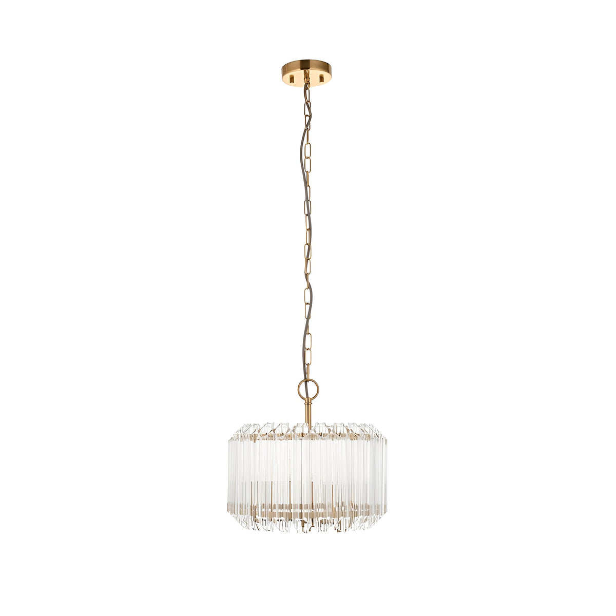 Endon Danebury 3 light pendant with tiered clear glass rods around a brushed aged brass frame, suspended on a chain with grey braided flex.