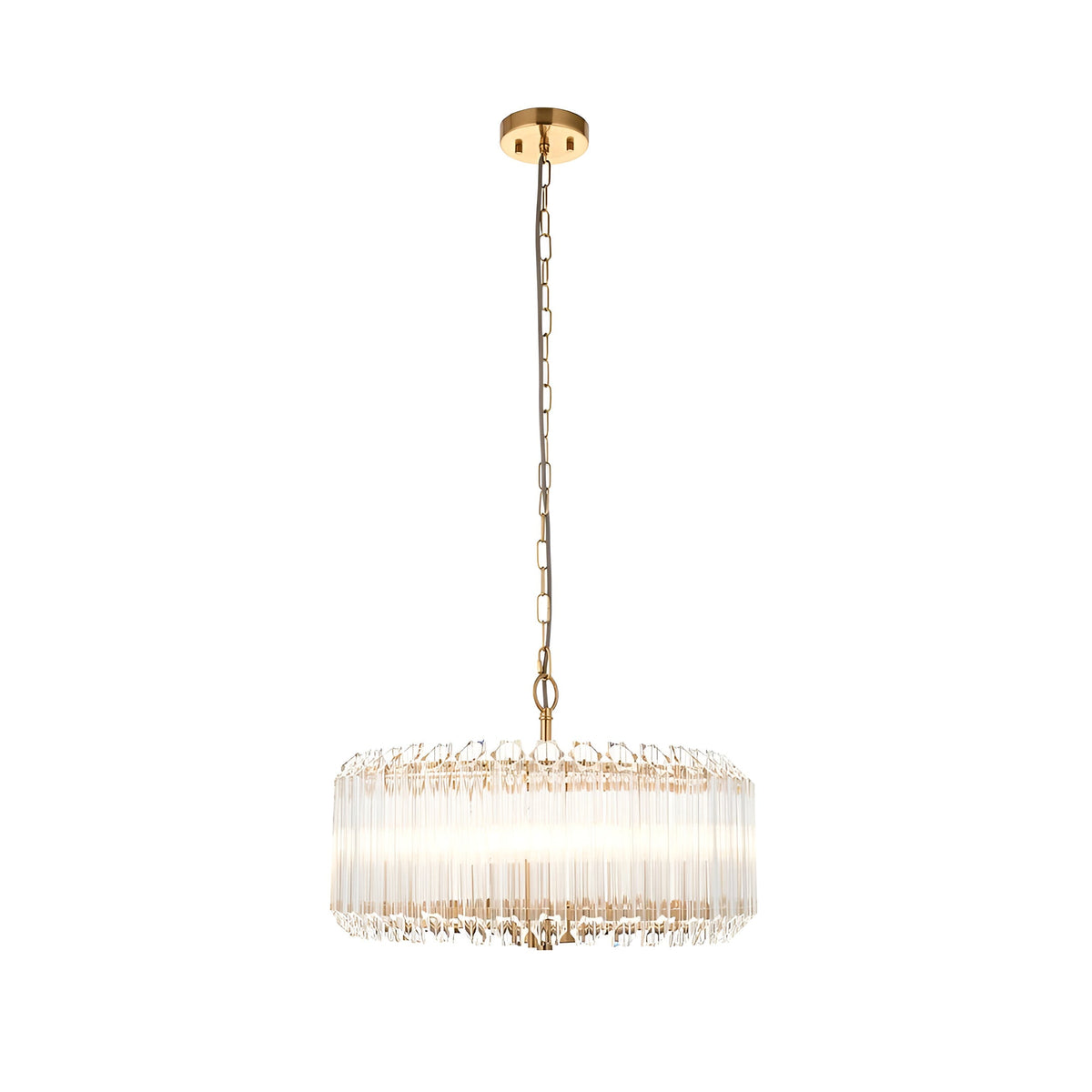 Endon Danebury 5 light pendant with brushed aged brass frame and vertical clear crystal rods, suspended from a chain on a plain white background.