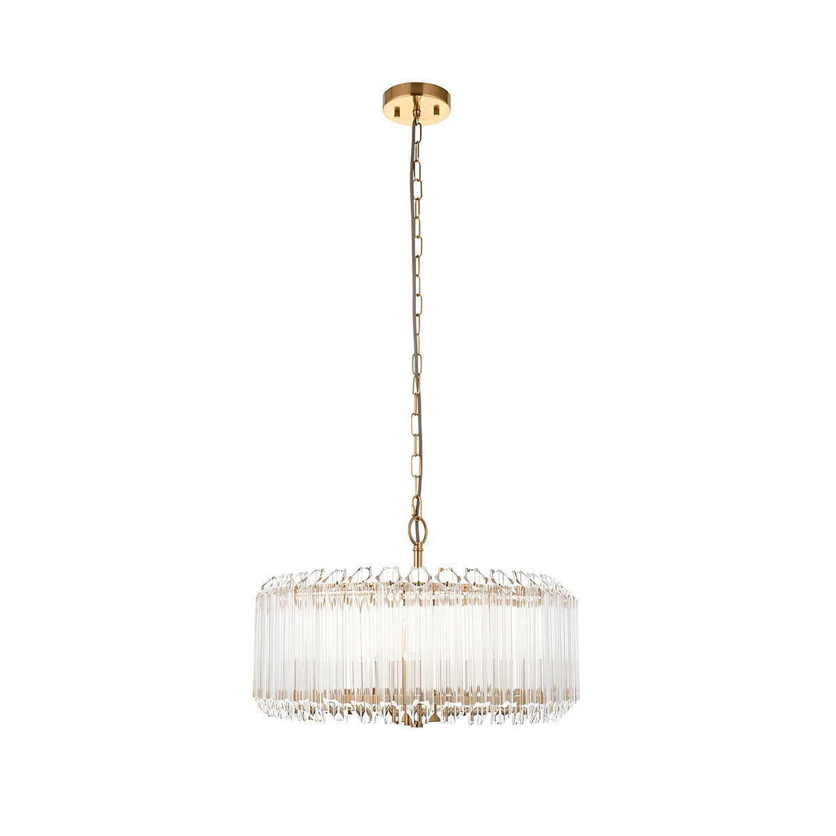 Endon Danebury 5 light pendant in brushed aged brass with tiered clear crystal rods, suspended from a chain and ceiling rose on a white background.