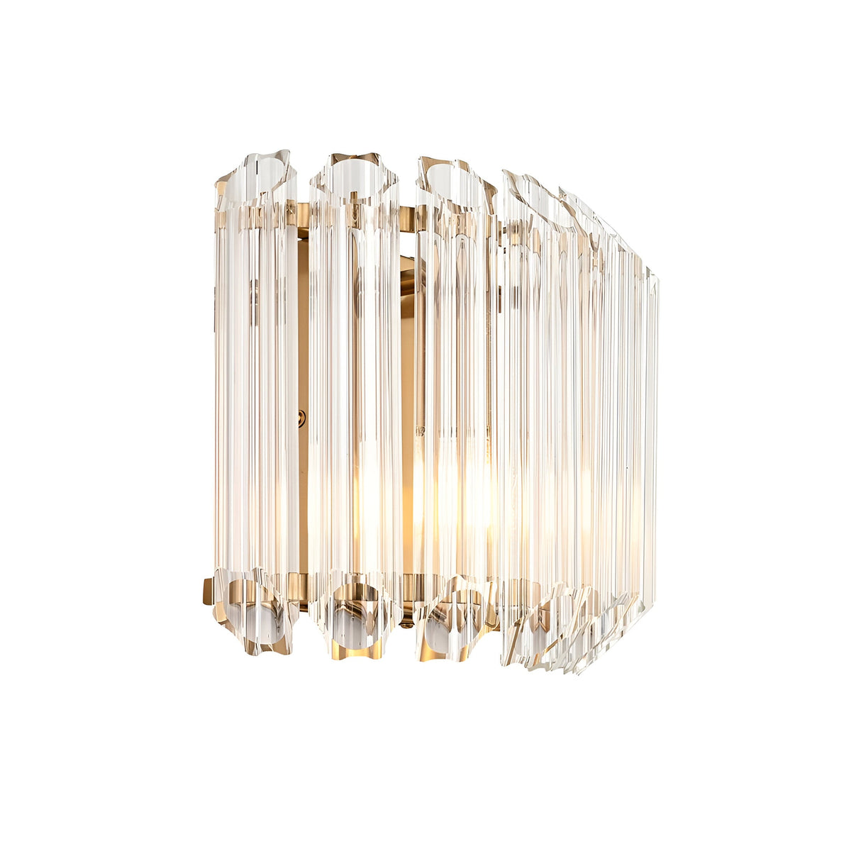 Endon Danebury wall light with faceted clear glass rods in a brushed aged brass frame, illuminated against a plain white background.