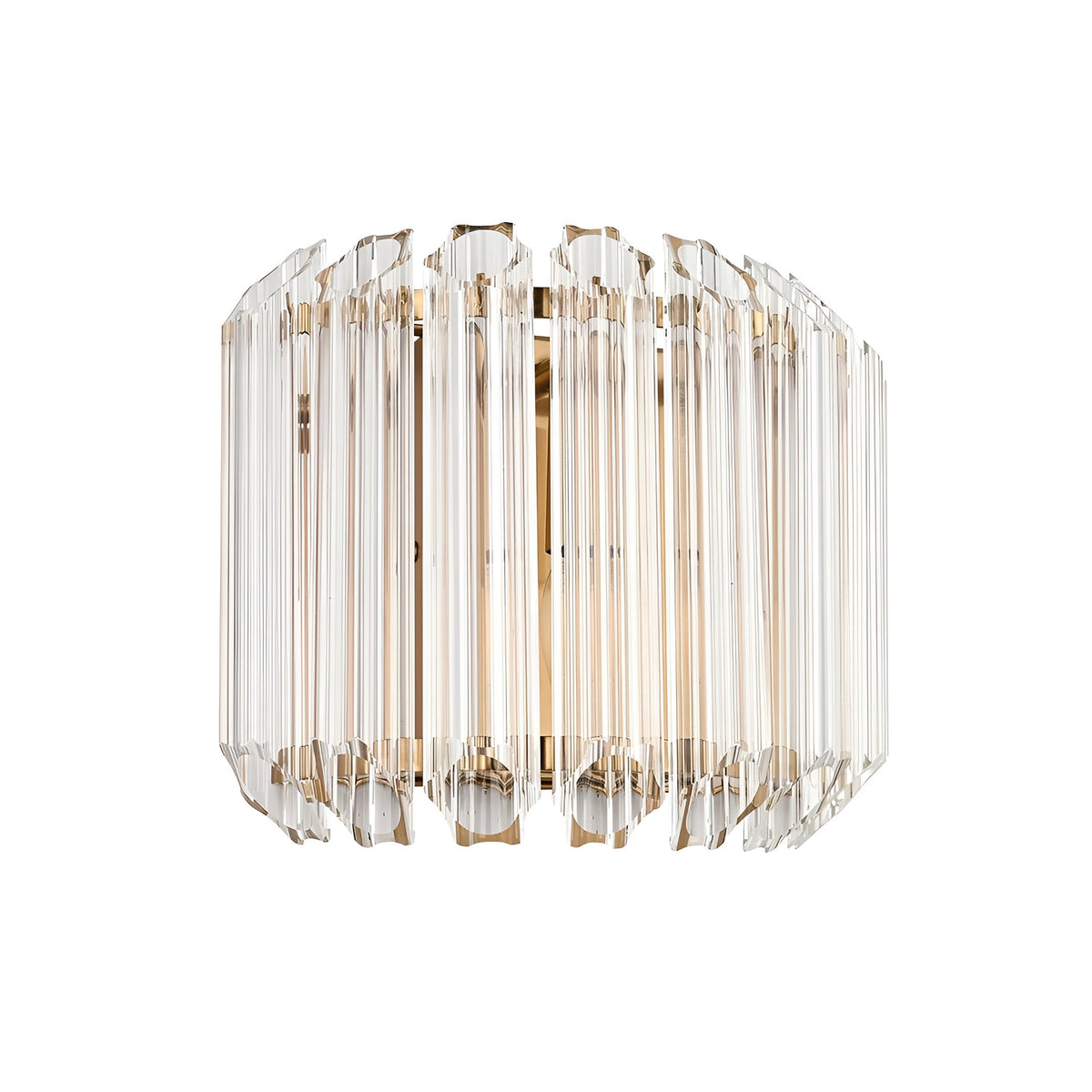 Endon Danebury wall light with faceted clear glass rods set into a brushed aged brass frame, shown against a plain white background.