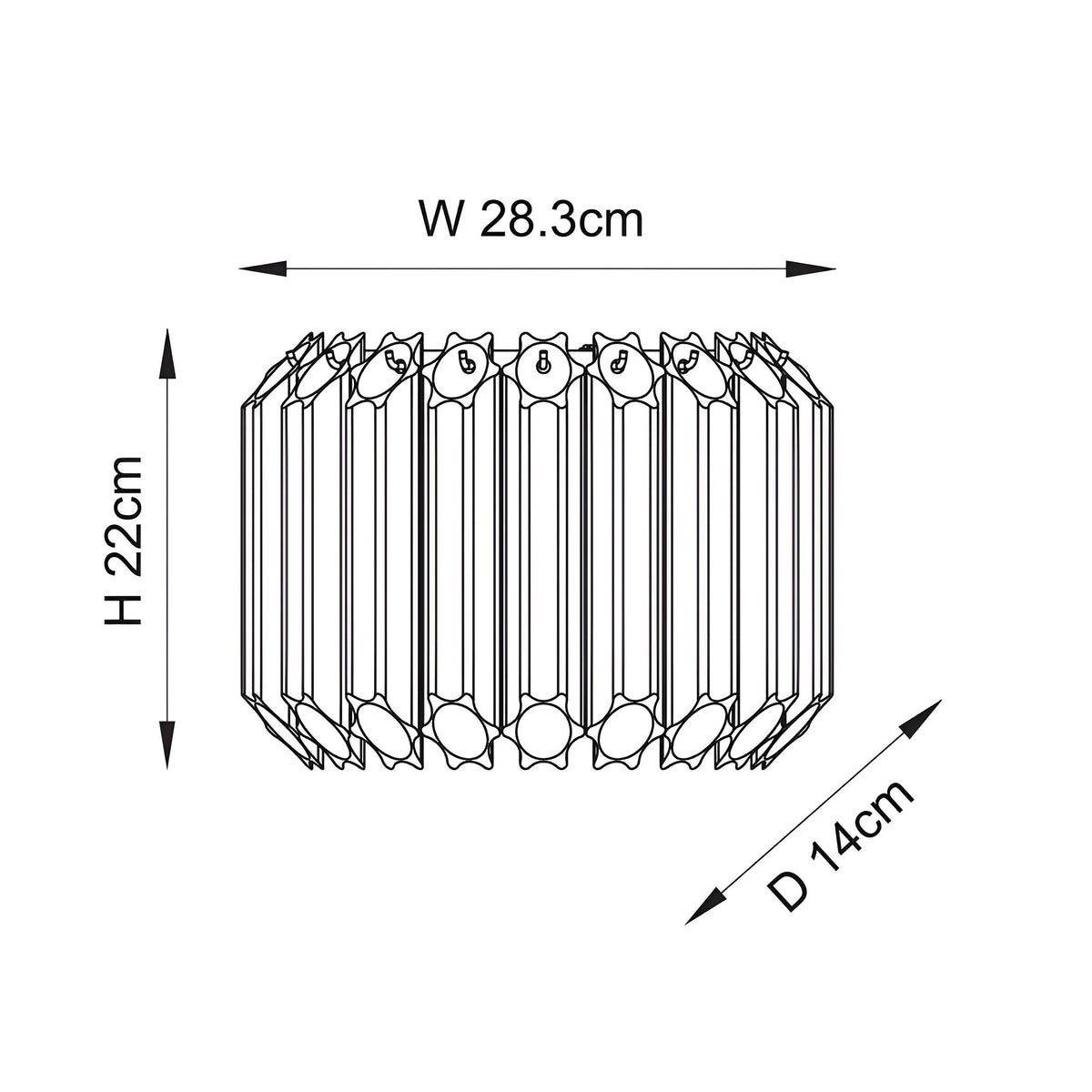 Technical dimension diagram of the Endon Danebury brass wall light showing 28.3cm width, 22cm height and 14cm depth.