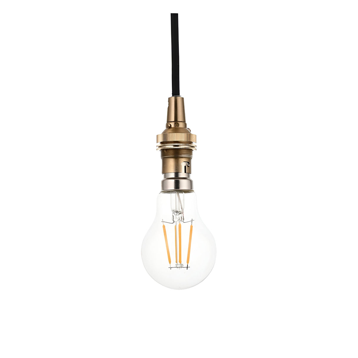 Endon Brackmont Flex Set pendant light in brushed aged brass with black braided cable and exposed B22 LED filament bulb on a white background.