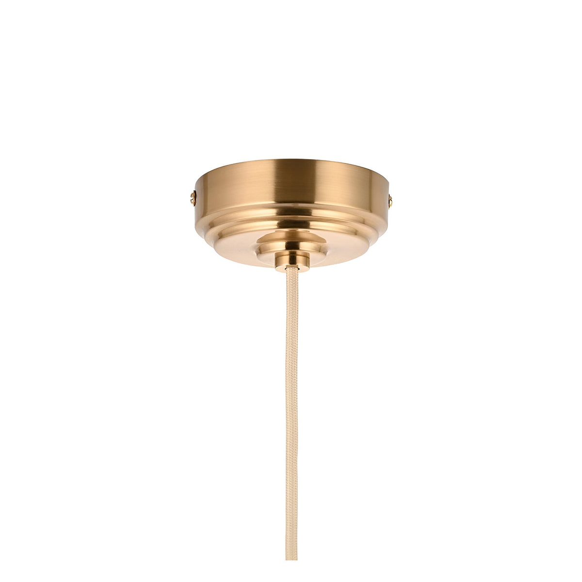 Endon Brackmont flex set ceiling rose in brushed aged brass with natural braided fabric cable, shown on a plain white background.