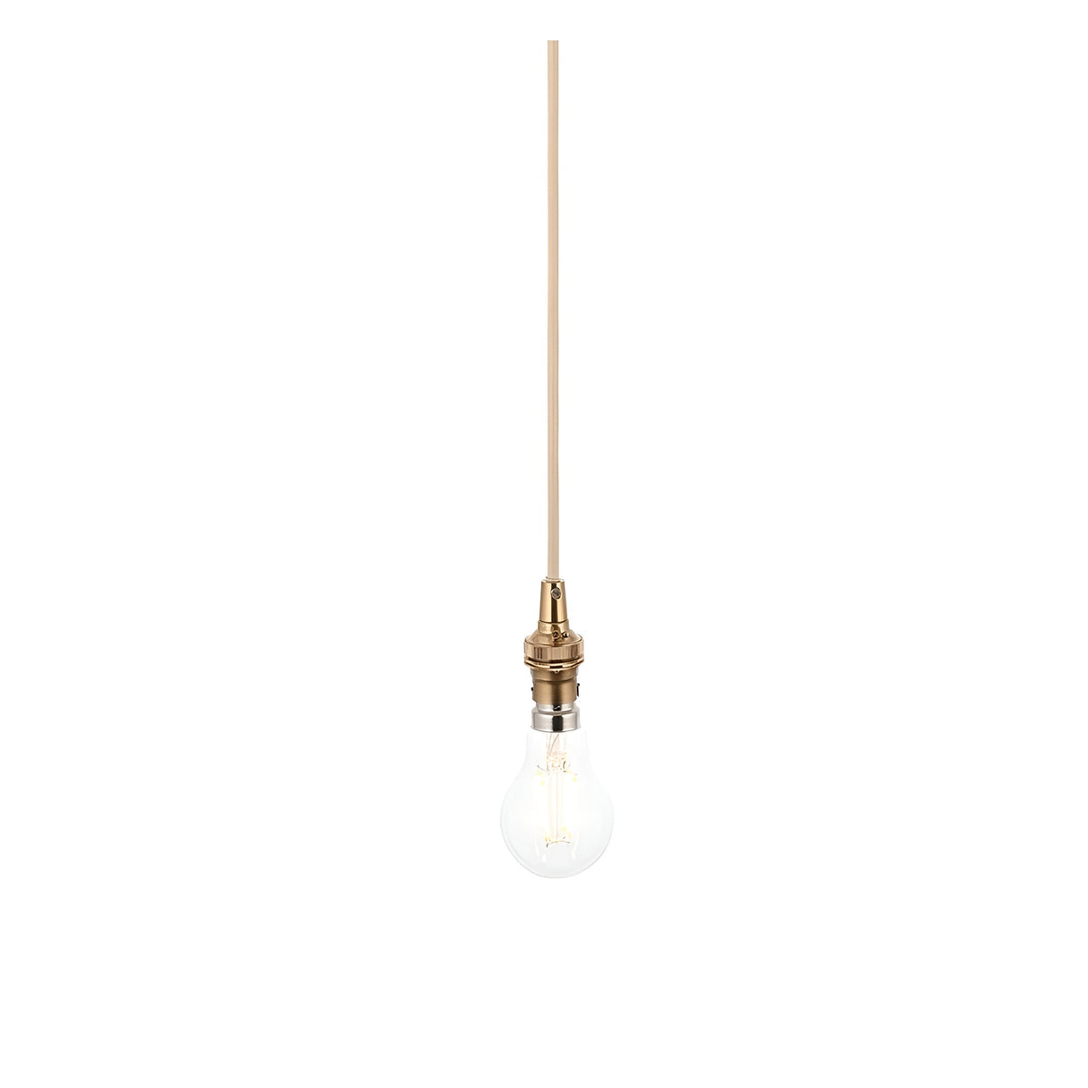Endon Brackmont Flex Set pendant light with brushed aged brass B22 fitting, natural braided fabric cable, and exposed bulb on a white background.