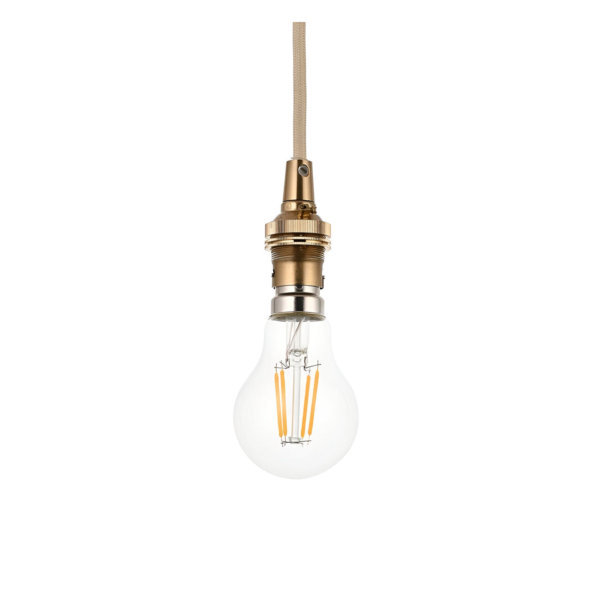 Endon Brackmont pendant flex set with brushed aged brass B22 lampholder, natural braided fabric cable and exposed LED filament bulb on a white background.