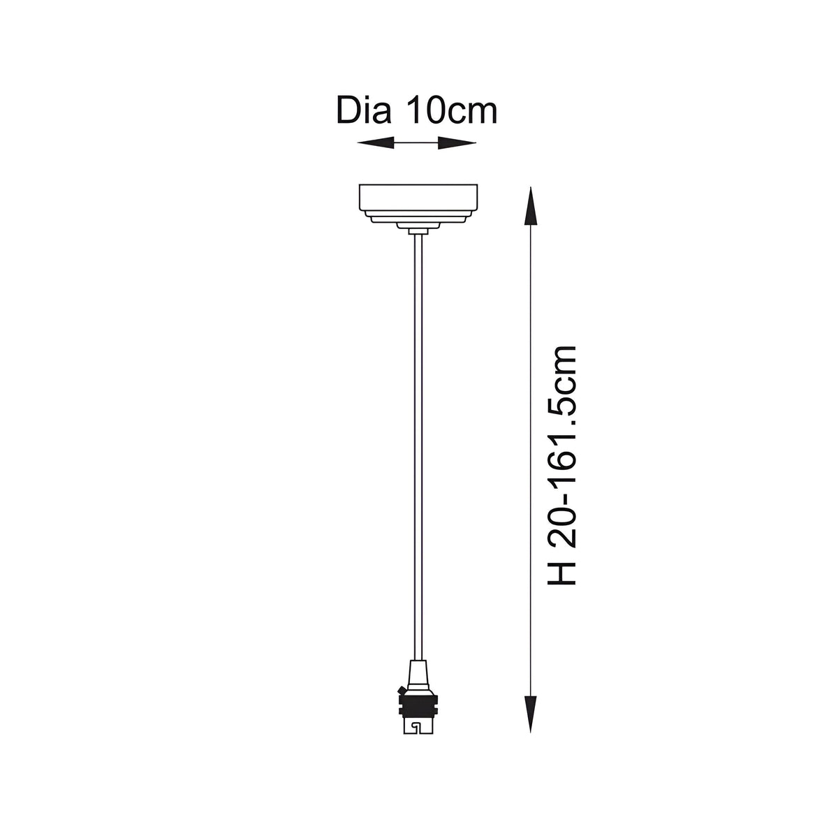 Dimension diagram of the Endon Brackmont Flex Set pendant showing 10cm diameter ceiling rose and adjustable 20-161.5cm drop height on white.