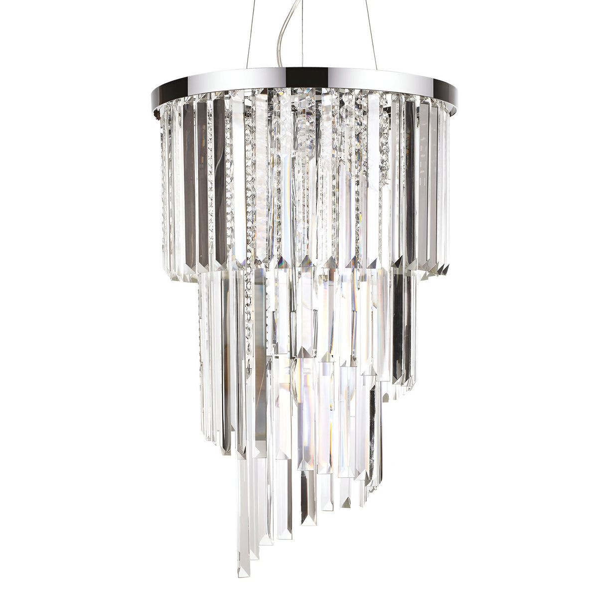 The Emberara Crystal 8 Light Chandelier in chrome features a lavish design with cascading elongated rectangular prisms arranged in tiers to create a spiral effect. Its 8-light structure reflects off the prisms, enhancing its elegant appearance with a silver-toned top.