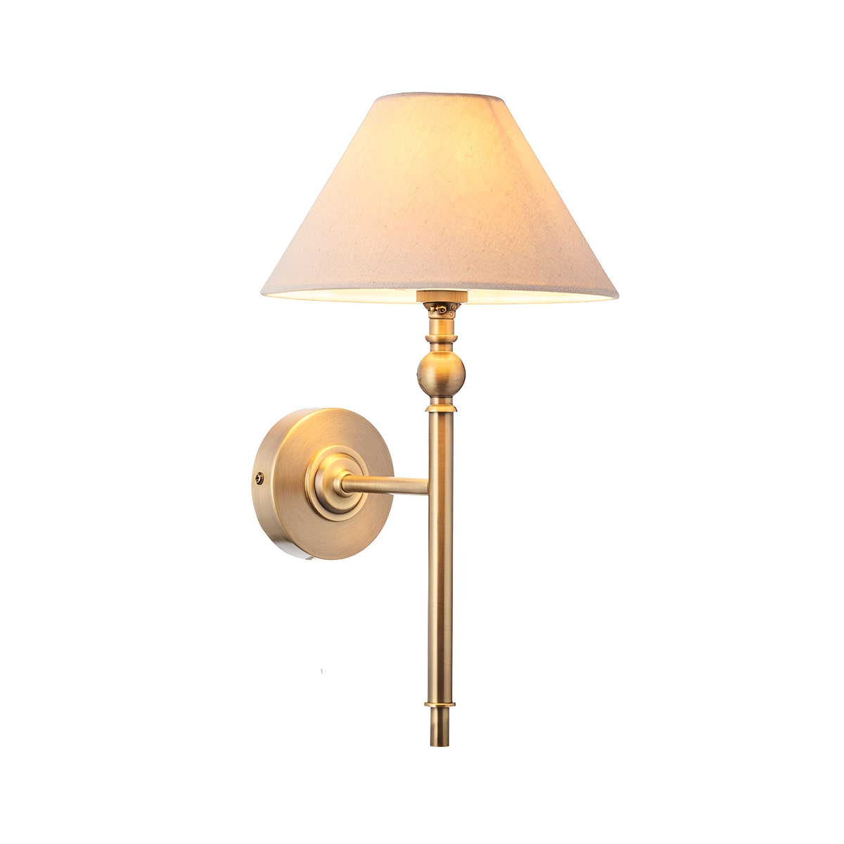 Endon Caldmere wall light in brass with a tapered natural linen fabric shade, mounted on a round backplate, shown on a plain white background.