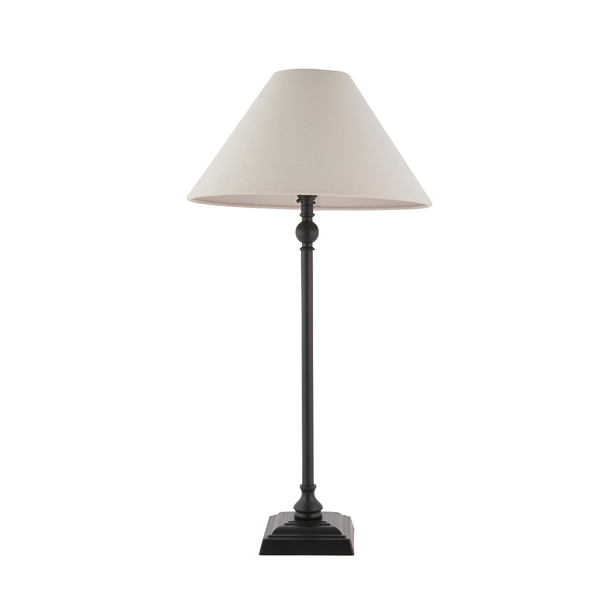 Endon Caldmont table lamp with slim matt black turned metal column, stepped square base and tapered natural linen shade on a plain background.