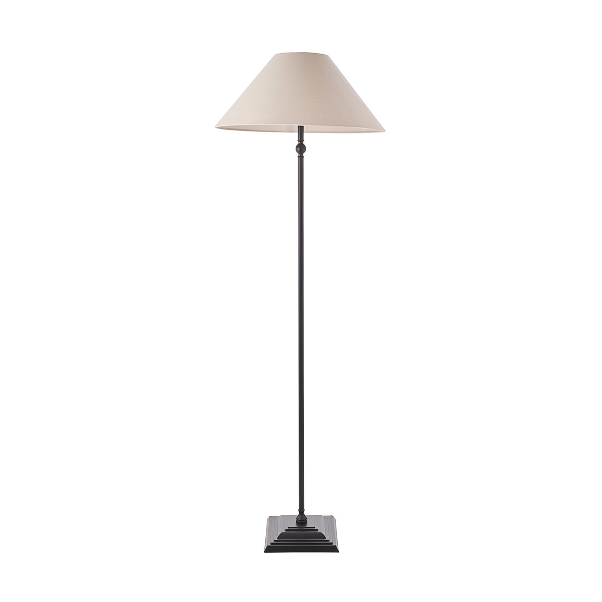 Endon Caldmere floor lamp with a tapered natural linen shade, slim matt black metal stem and stepped square base, shown on a plain white background.