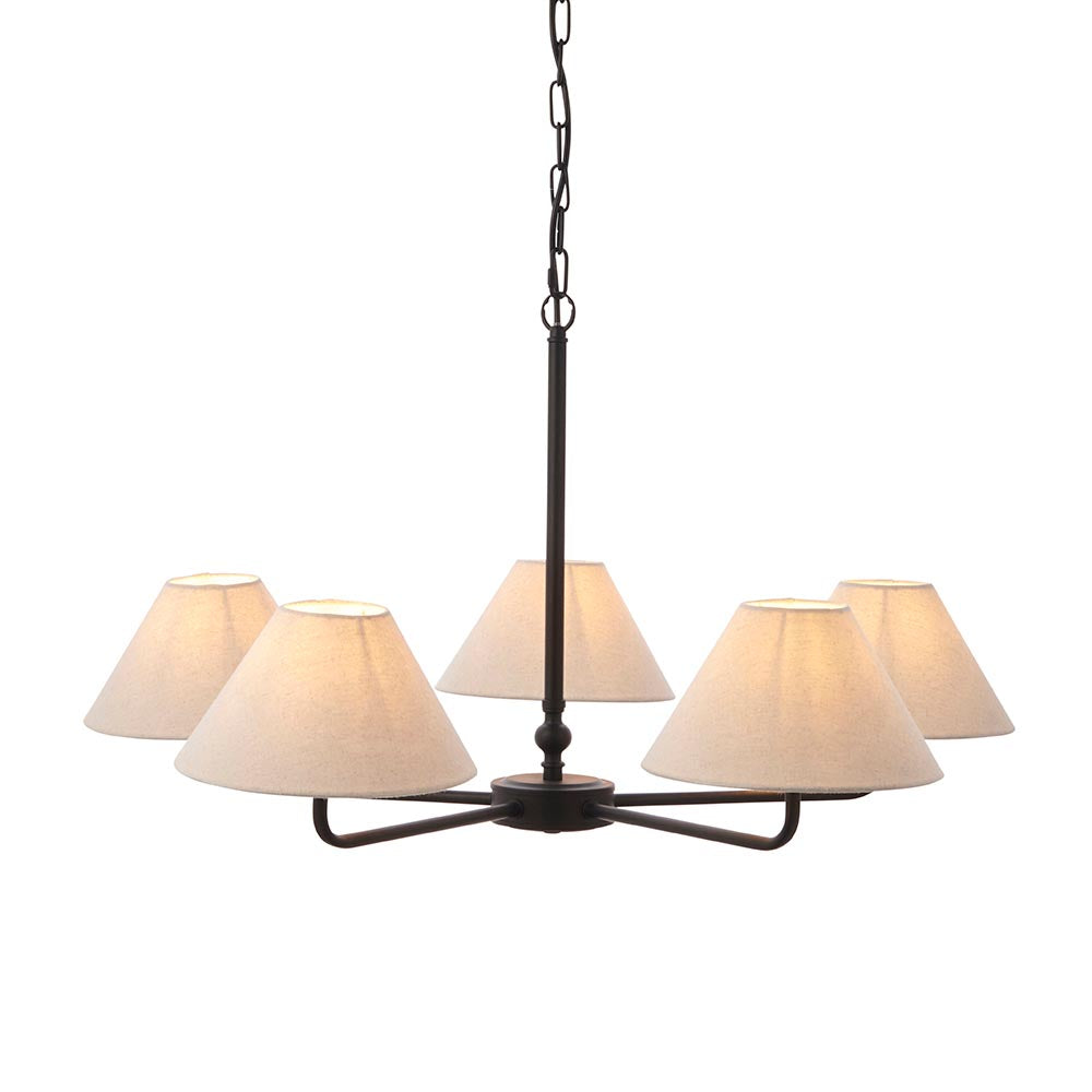 Endon Caldmere 5 Light Large Pendant in black with chain suspension and five tapered natural linen shades on a splayed frame, on a white background.