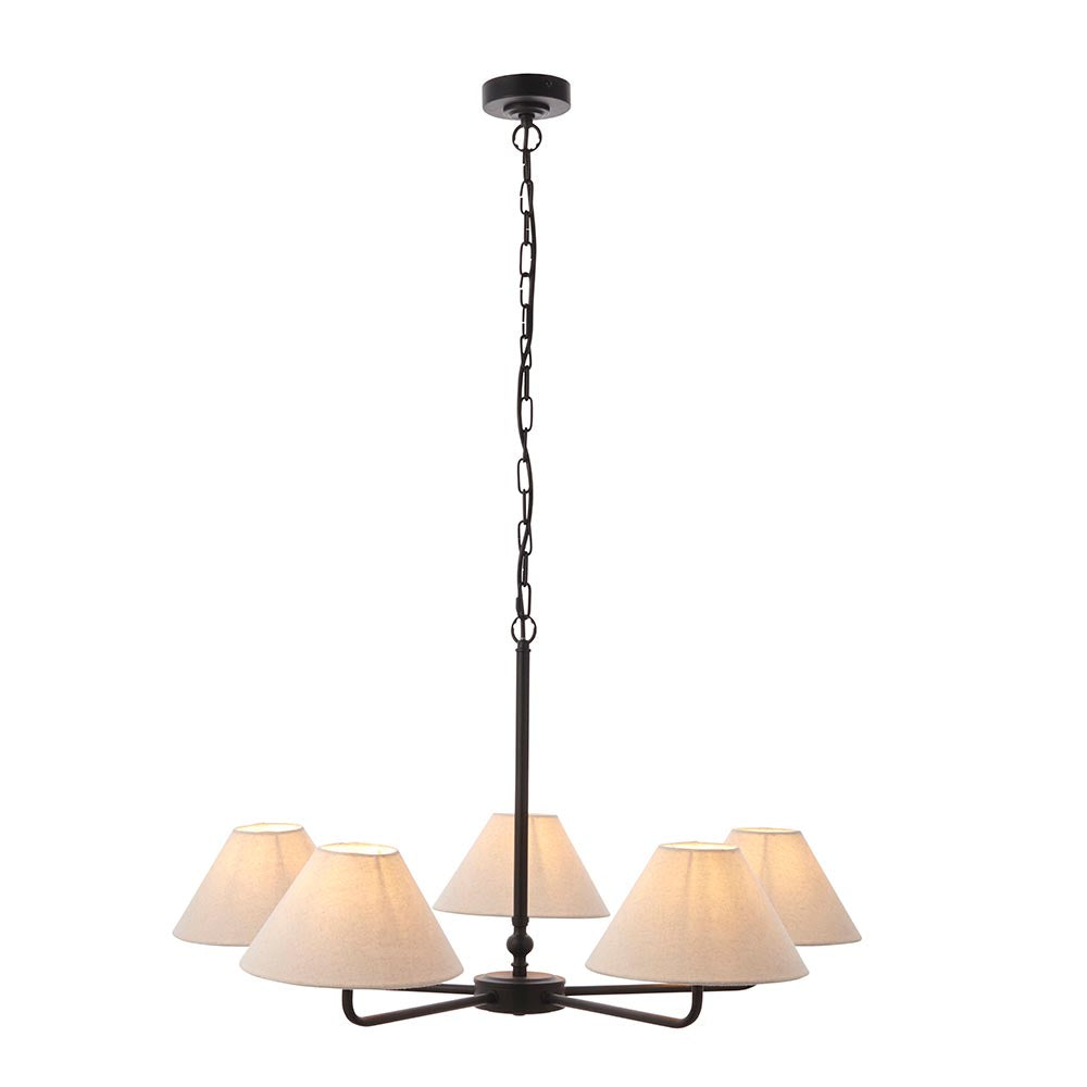 Endon Caldmere 5 Light Large Pendant in black with five tapered natural linen shades on a wide frame, suspended from a chain, on a white background.