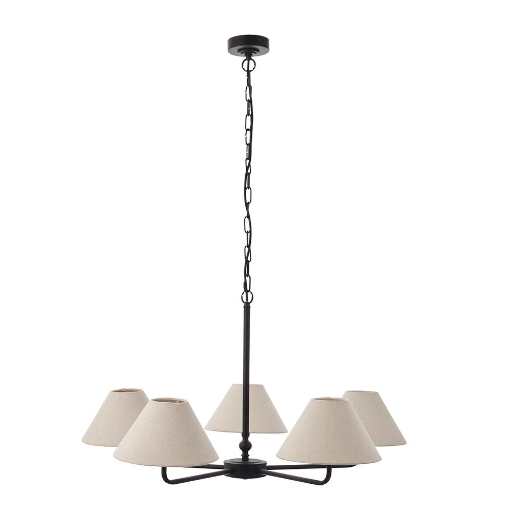Endon Caldmere 5 Light Large Pendant in black with chain suspension and five tapered natural linen shades on a wide frame, shown on a white background.