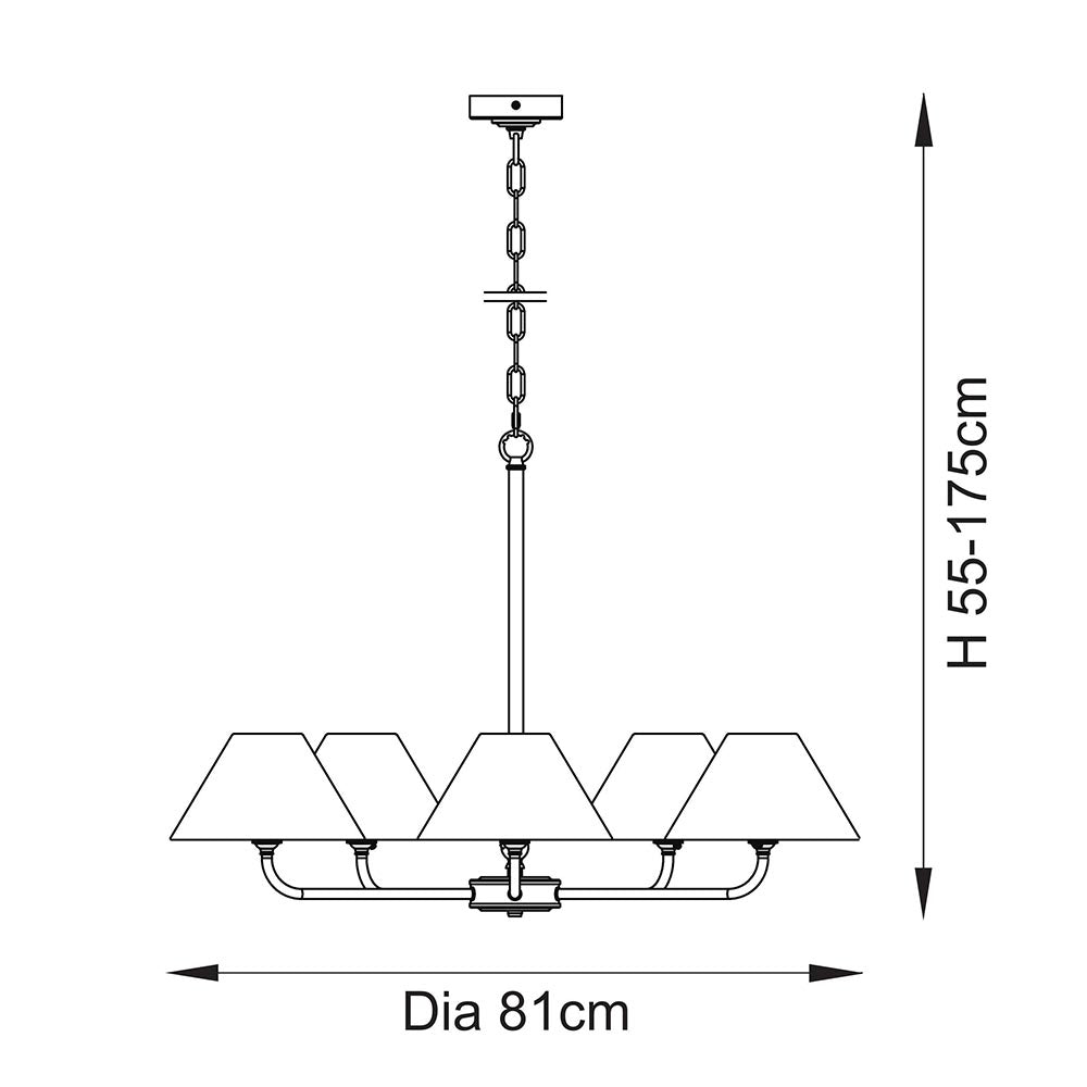 Dimension diagram of the Endon Caldmere 5 light large pendant showing 81cm diameter frame and adjustable 55-175cm height on a white background.