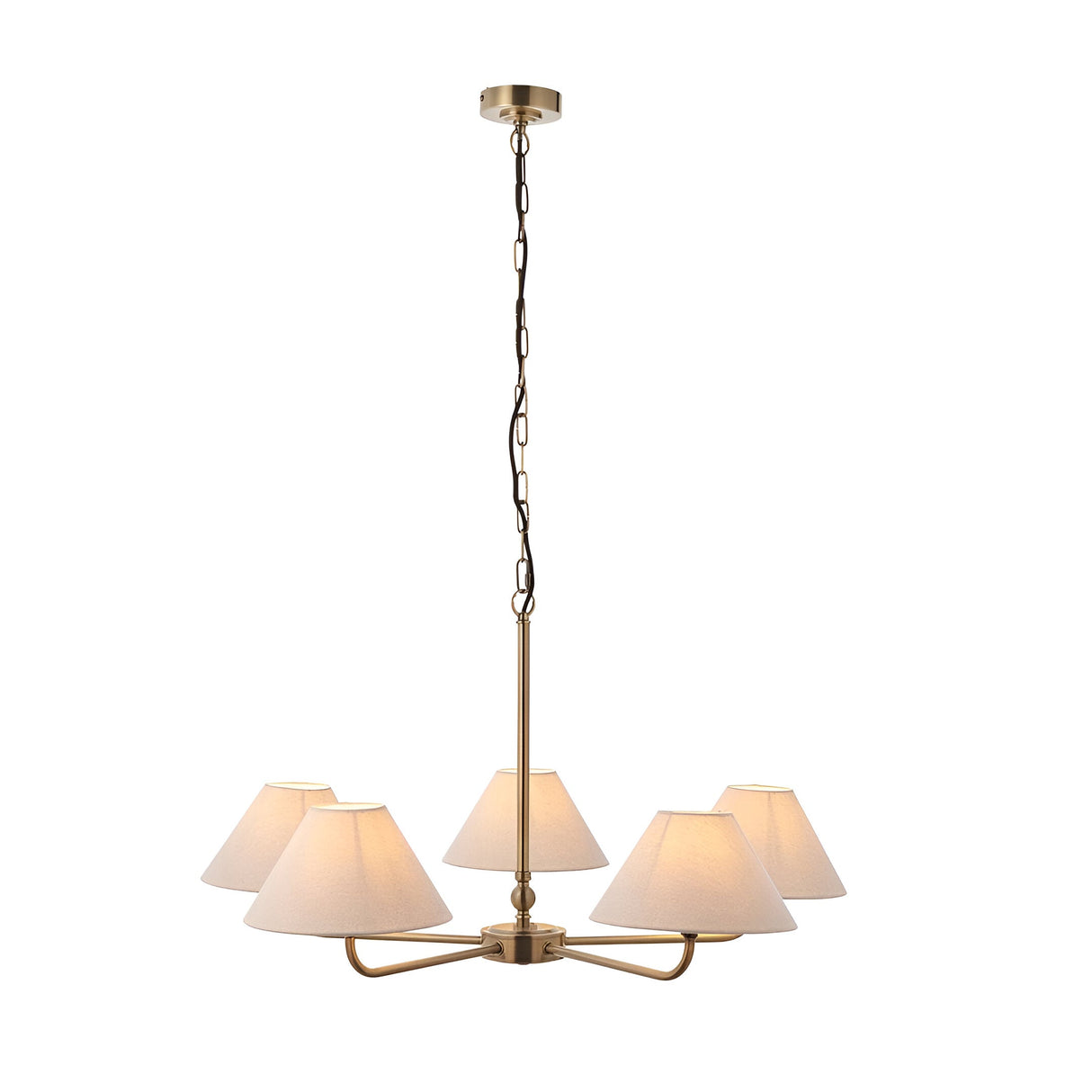Caldmere 5 Light Large Pendant in brass, with five tapered natural linen shades on splayed arms, hung from a chain on a plain white background.