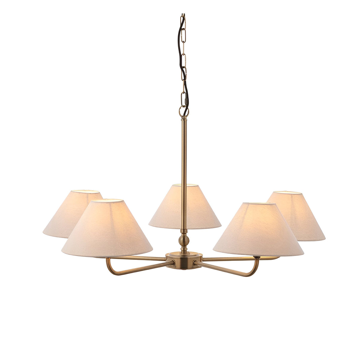 Caldmere five-light large pendant with tapered natural linen shades on a brass metal frame and chain suspension, shown on a plain white background.